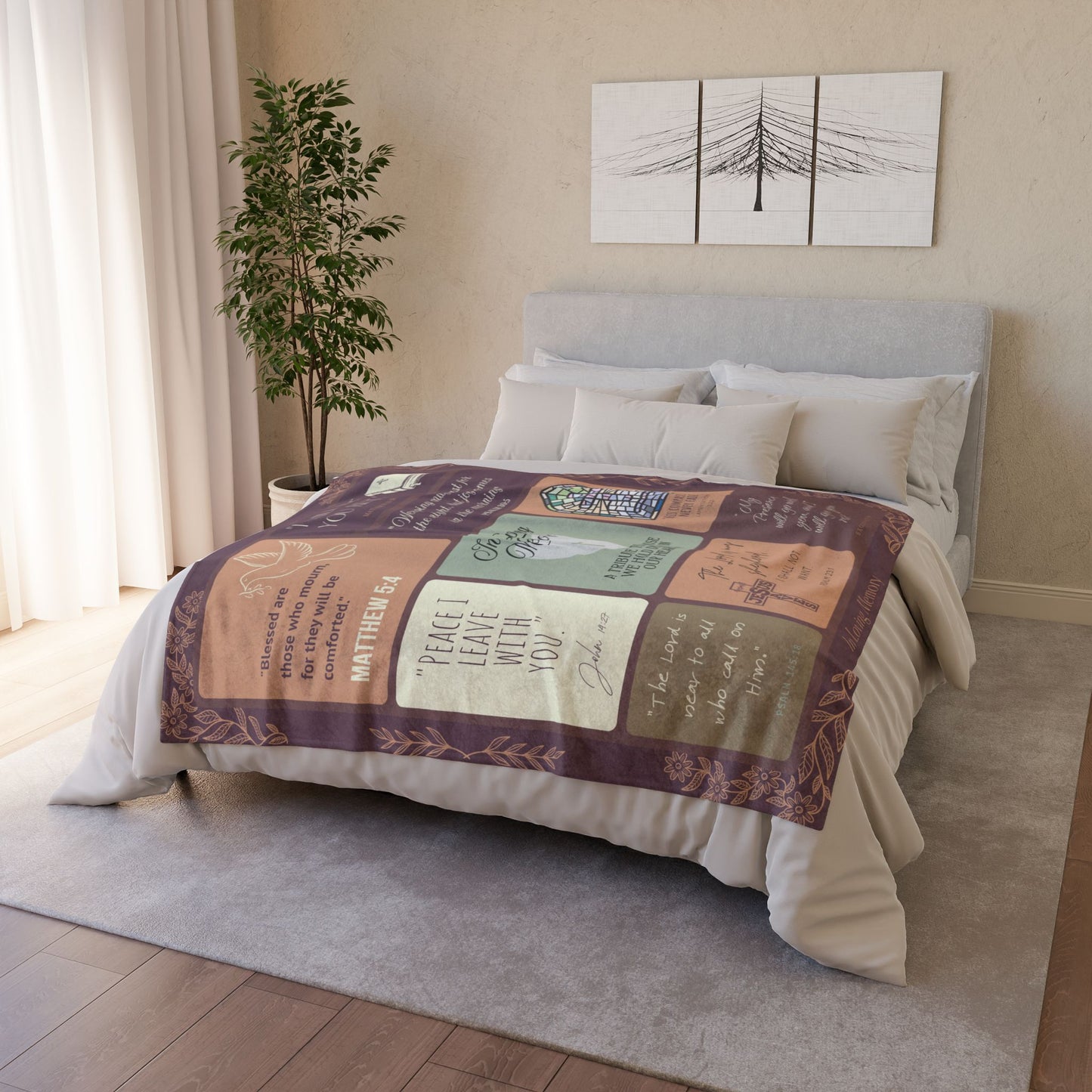 Christian memorial blanket with an "Eternal Light" scripture design featuring uplifting Bible verses, a cross, dove, and stained glass imagery, spread across a neatly made bed with pillows in a serene bedroom setting, including quotes from Matthew 5:4, John 16:33, Psalm 145:18, and more.