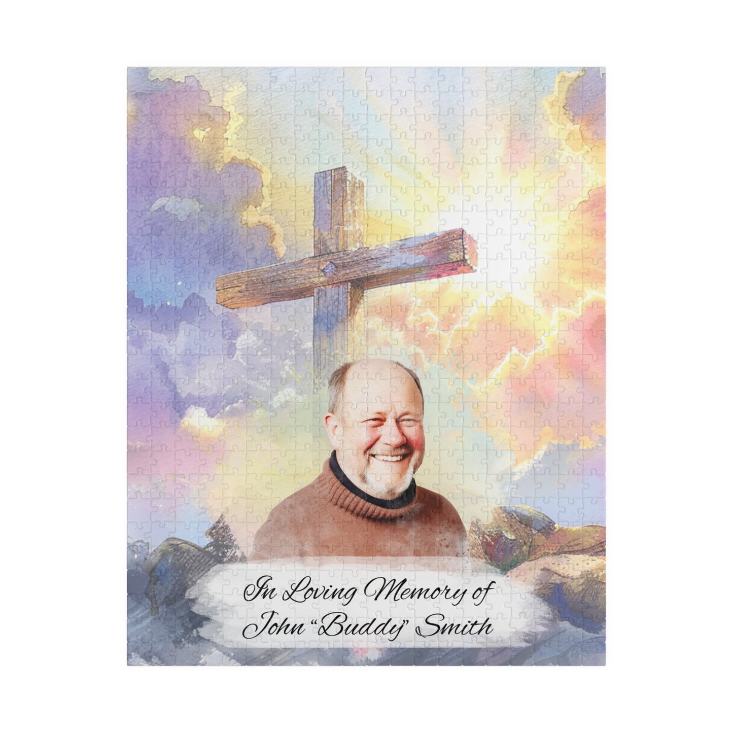 Custom memorial puzzle with a sacred cross keepsake design, featuring a photo of John "Buddy" Smith, personalized with "In Loving Memory of John 'Buddy' Smith," available in 252 or 520 pieces, set against a heavenly sky background with scattered pieces.