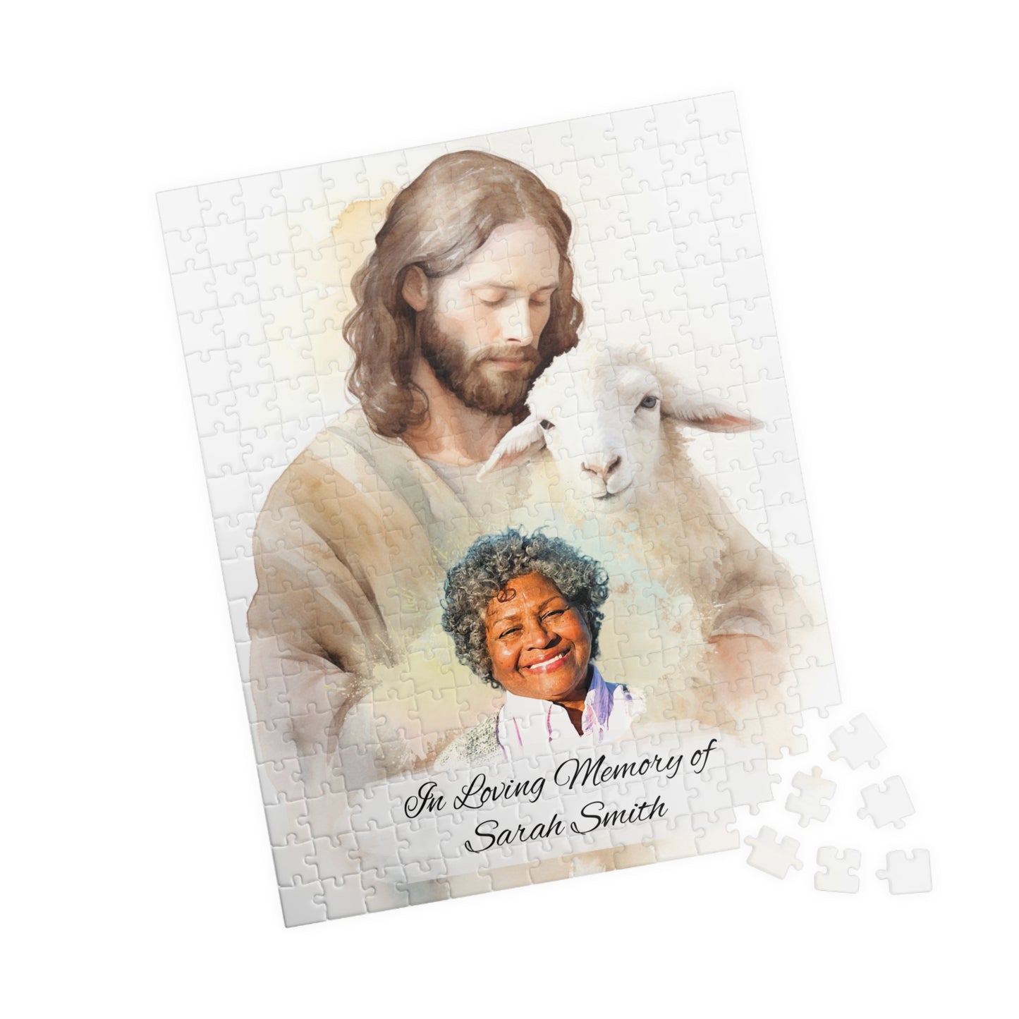 Personalized memorial puzzle featuring a sacred shepherd design with Jesus holding a lamb and a photo of Sarah Smith, personalized with "In Loving Memory of Sarah Smith," available in 252 or 520 pieces.