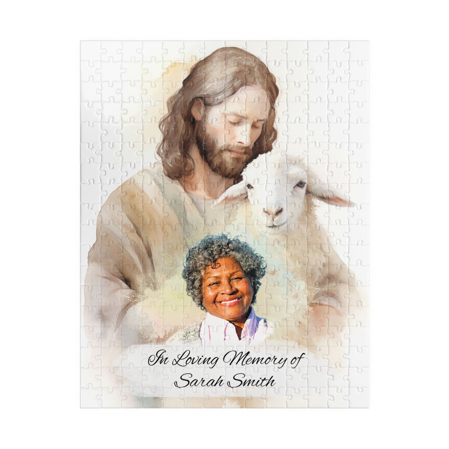 Personalized memorial puzzle featuring a sacred shepherd design with Jesus holding a lamb and a photo of Sarah Smith, personalized with "In Loving Memory of Sarah Smith," available in 252 or 520 pieces