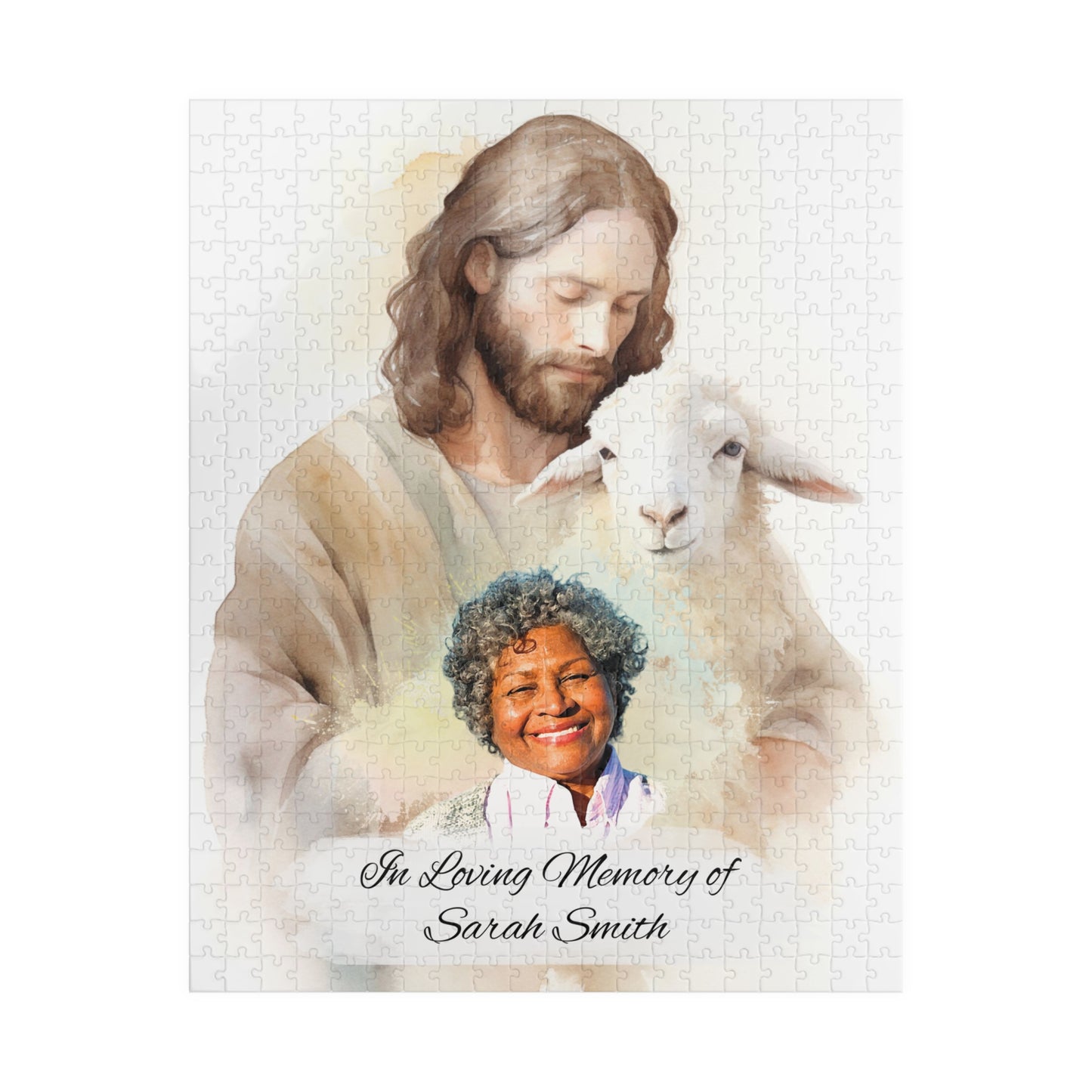 Personalized memorial puzzle featuring a sacred shepherd design with Jesus holding a lamb and a photo of Sarah Smith, personalized with "In Loving Memory of Sarah Smith," available in 252 or 520 pieces