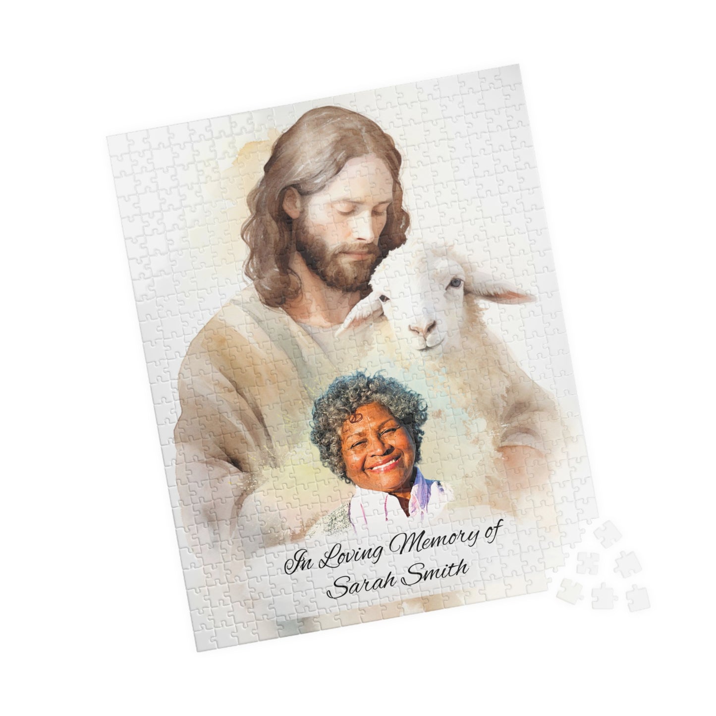 Personalized memorial puzzle featuring a sacred shepherd design with Jesus holding a lamb and a photo of Sarah Smith, personalized with "In Loving Memory of Sarah Smith," available in 252 or 520 pieces.