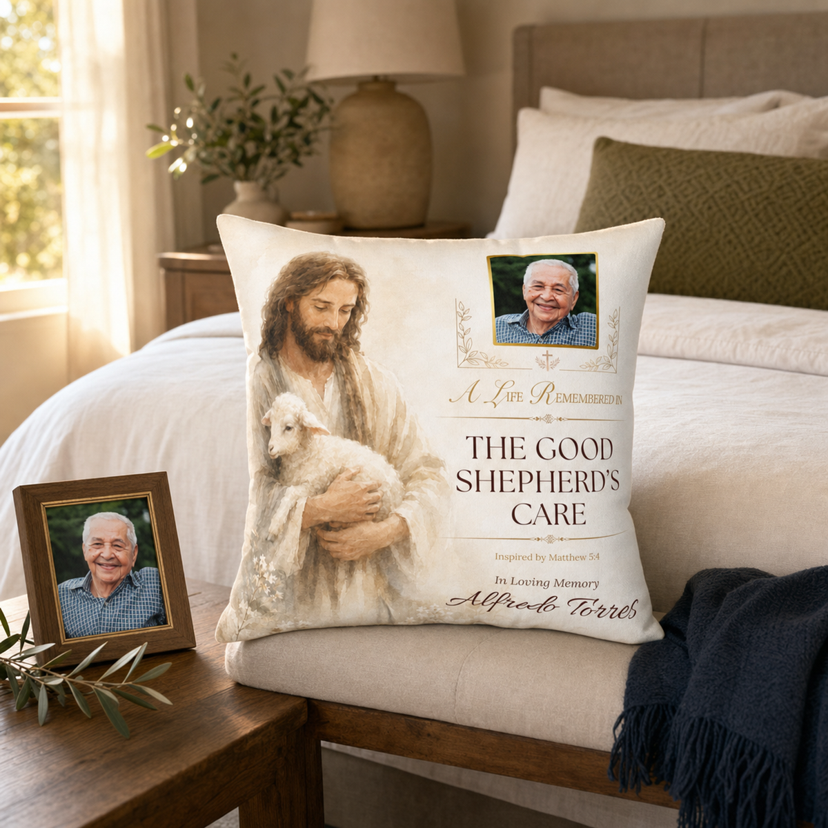 Good Shepherd's Peace Personalized Photo Memorial Pillow