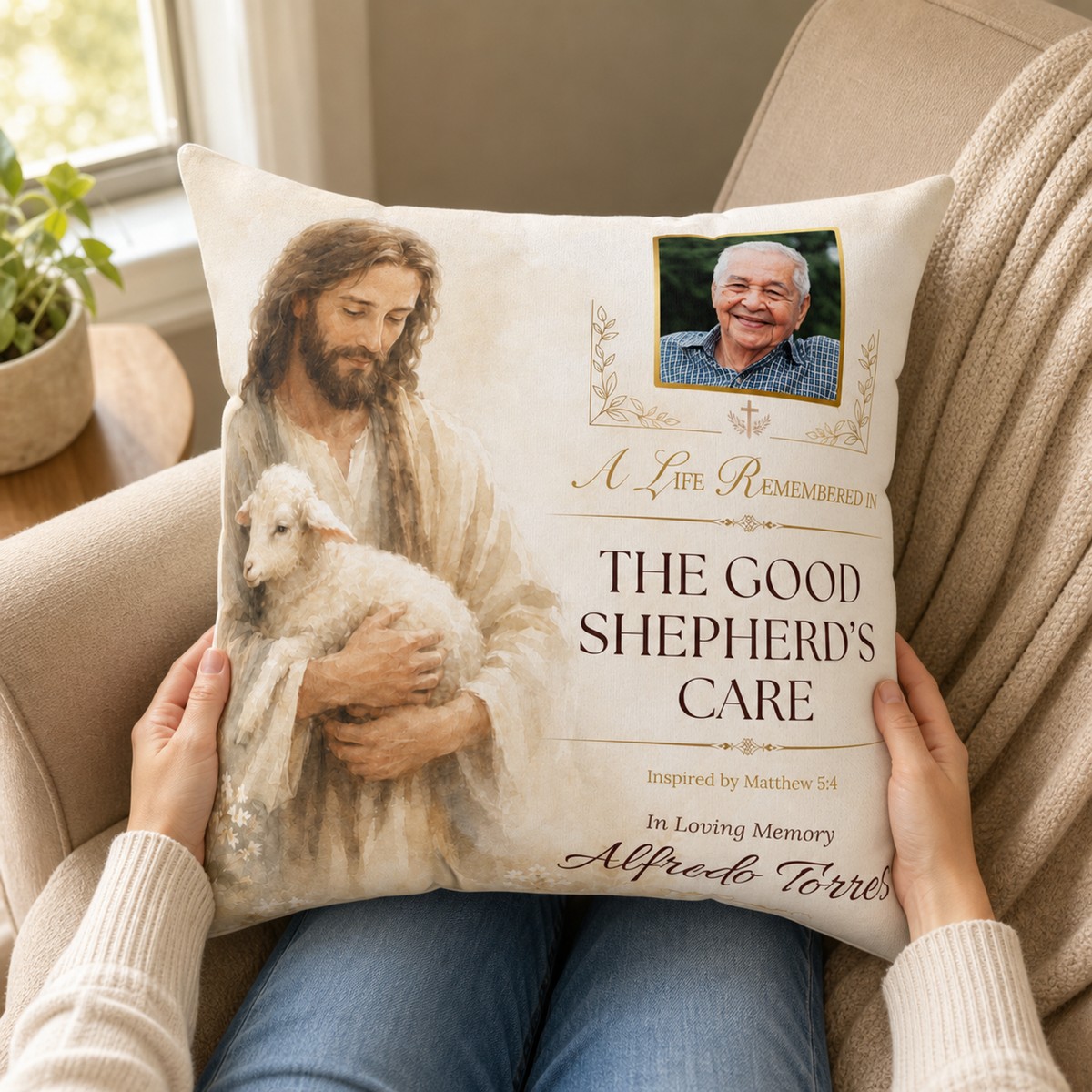 Good Shepherd's Peace Personalized Photo Memorial Pillow