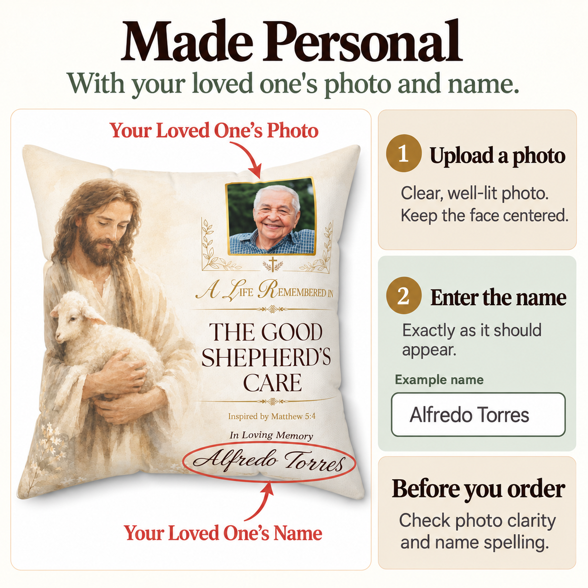 Good Shepherd's Peace Personalized Photo Memorial Pillow