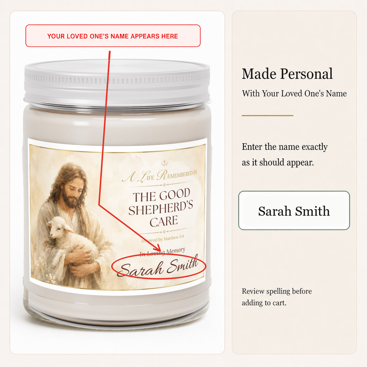 Good Shepherd's Peace Personalized Memorial Candle