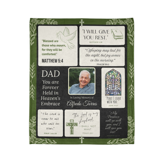 Heaven’s Embrace Memorial Blanket – Green Scripture Edition | Personalized Christian Sympathy Gift for Loss of Father