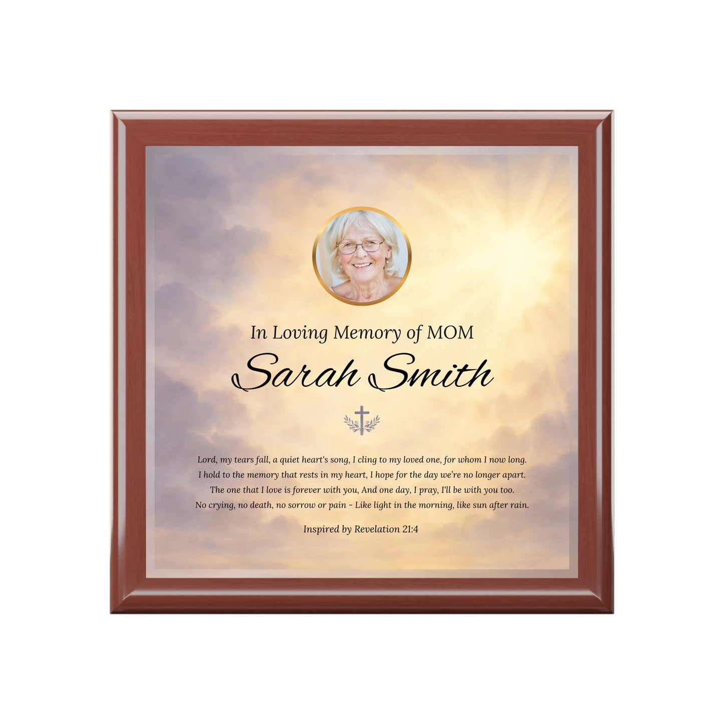 Memorial plaque for Sarah Smith with a photo of a woman and text in a wooden frame.