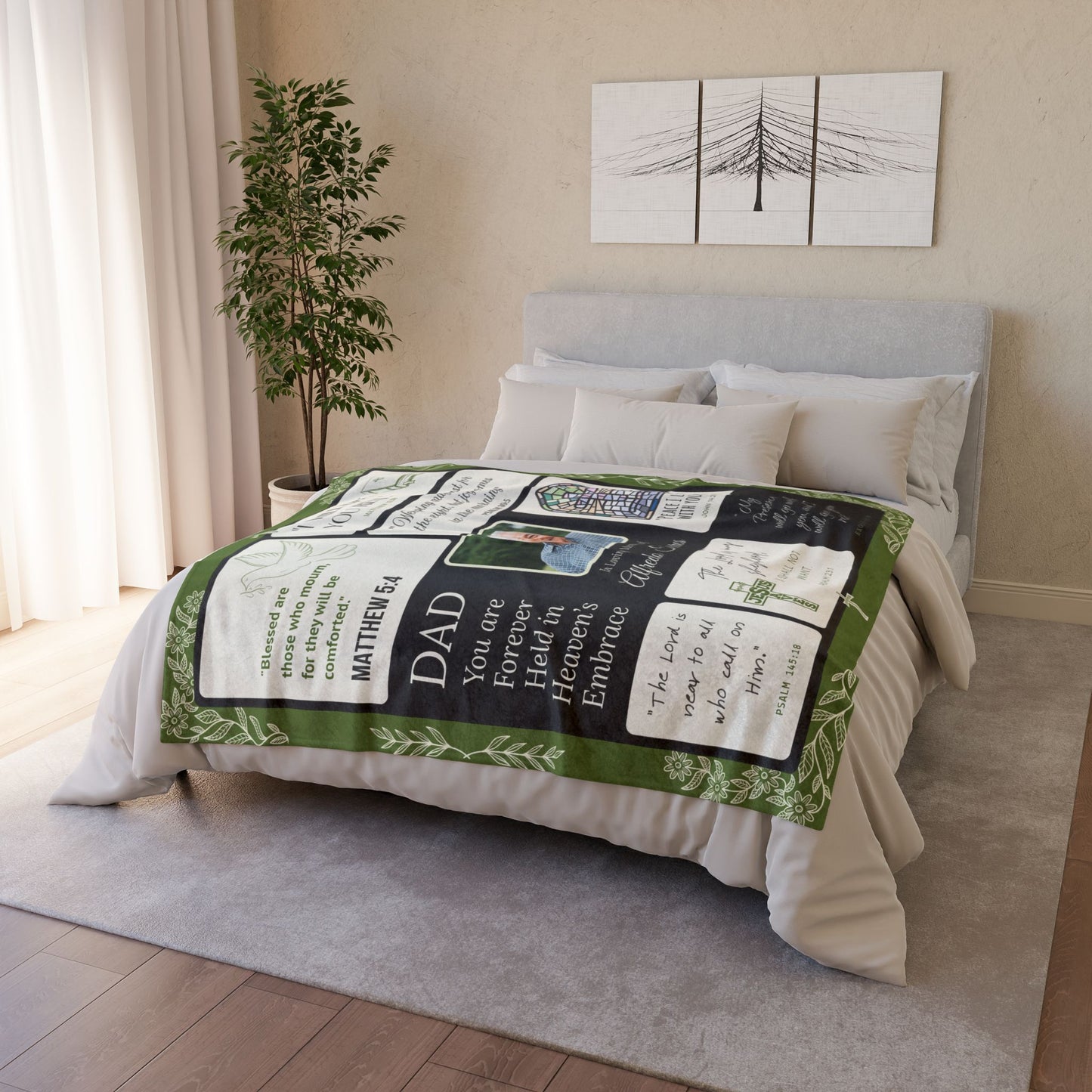 Heaven’s Embrace Memorial Blanket – Green Scripture Edition | Personalized Christian Sympathy Gift for Loss of Father