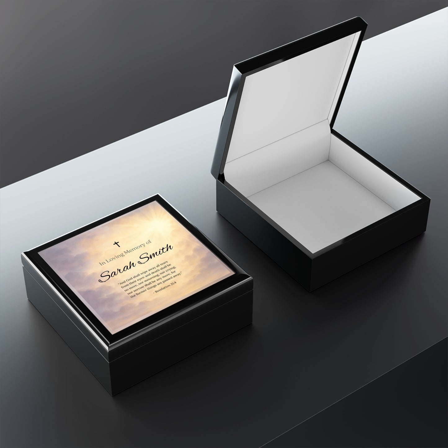 Personalized Memorial Jewelry Box for Loved Ones – Sky In Loving Memory with Revelation 21:4