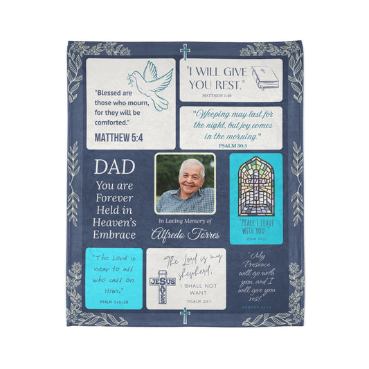 Heaven’s Embrace Memorial Blanket – Blue Scripture Edition | Personalized Christian Sympathy Gift for Loss of Father