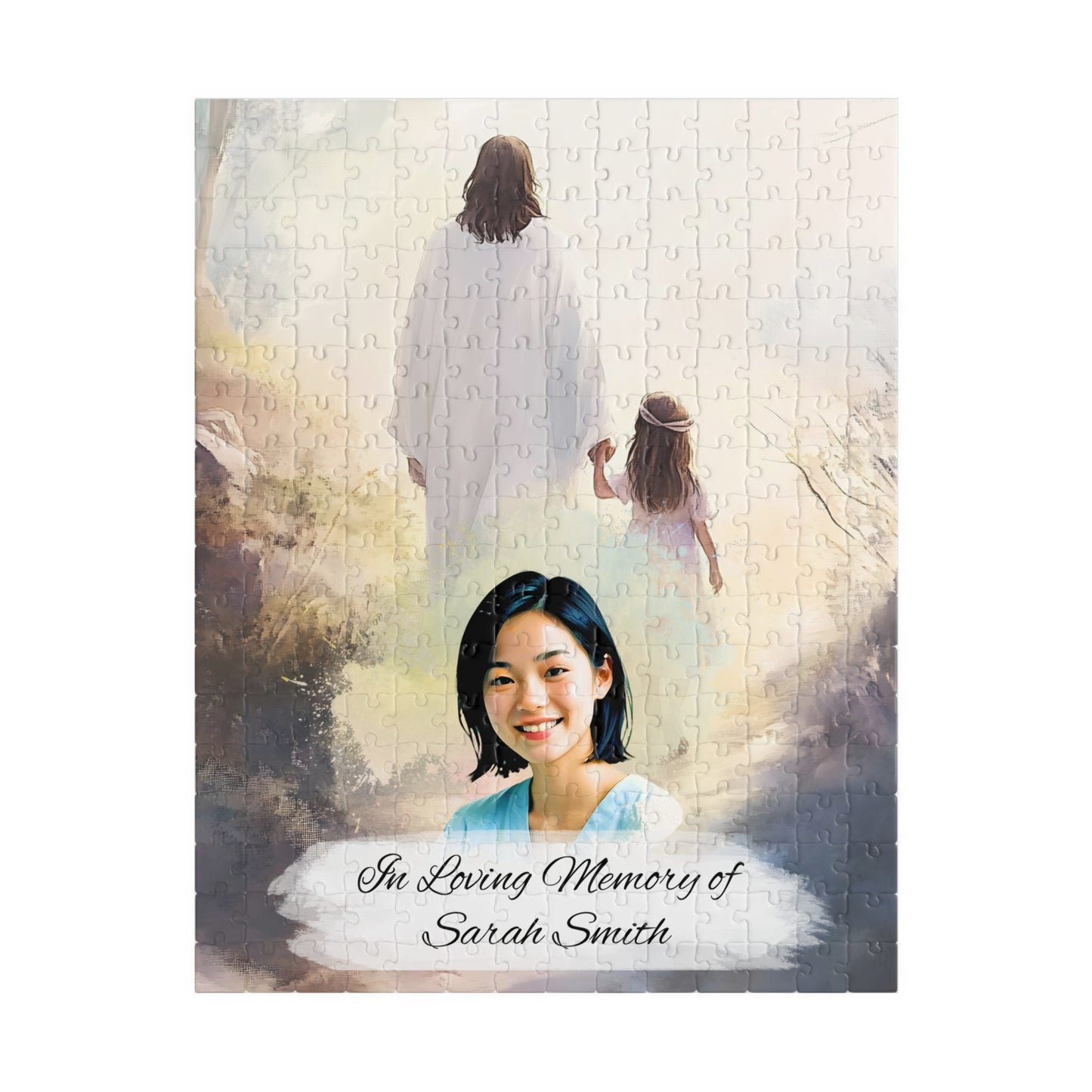 Custom Memorial Puzzle with Photo and Text – Jesus and Little Girl Keepsake (252, 520 pcs)