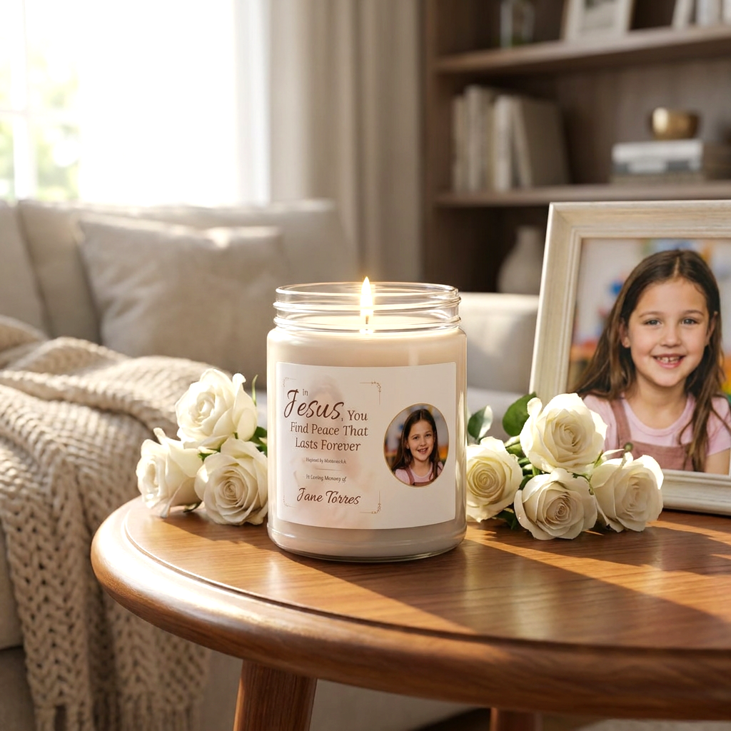 Lasting Peace Memorial Photo Candle | Personalized Christian Sympathy Gift for Loss of Child