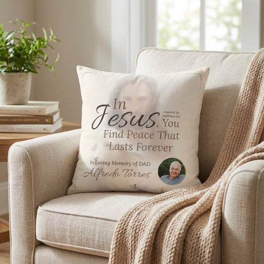 In Loving Memory Pillow – In Jesus You Find Peace Design | Personalized Christian Memorial & Sympathy Gift | Loss of Father