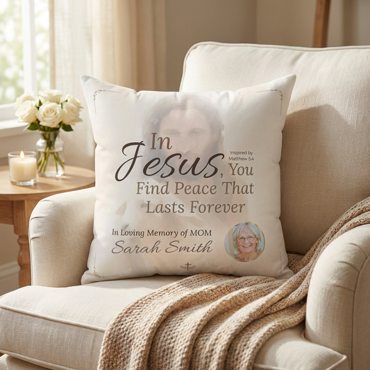In Loving Memory Pillow – In Jesus You Find Peace Design | Personalized Christian Memorial & Sympathy Gift