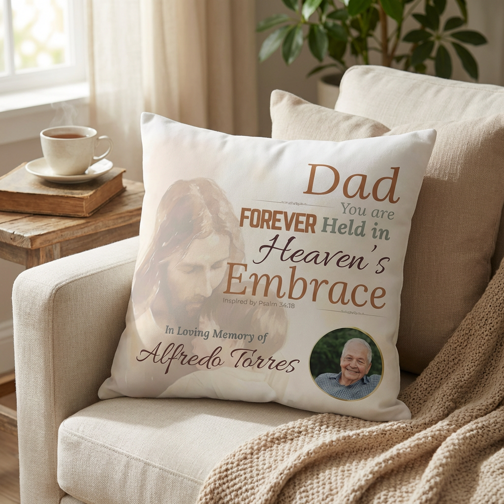 In Loving Memory Pillow – Heaven’s Embrace Design | Personalized Christian Memorial & Sympathy Gift | Loss of Father