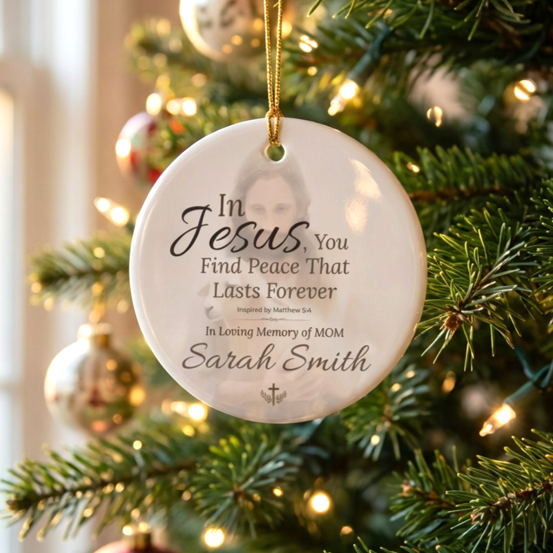 Decorative Christmas ornament with text on a Christmas tree