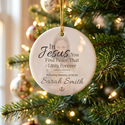 Decorative Christmas ornament with text on a Christmas tree