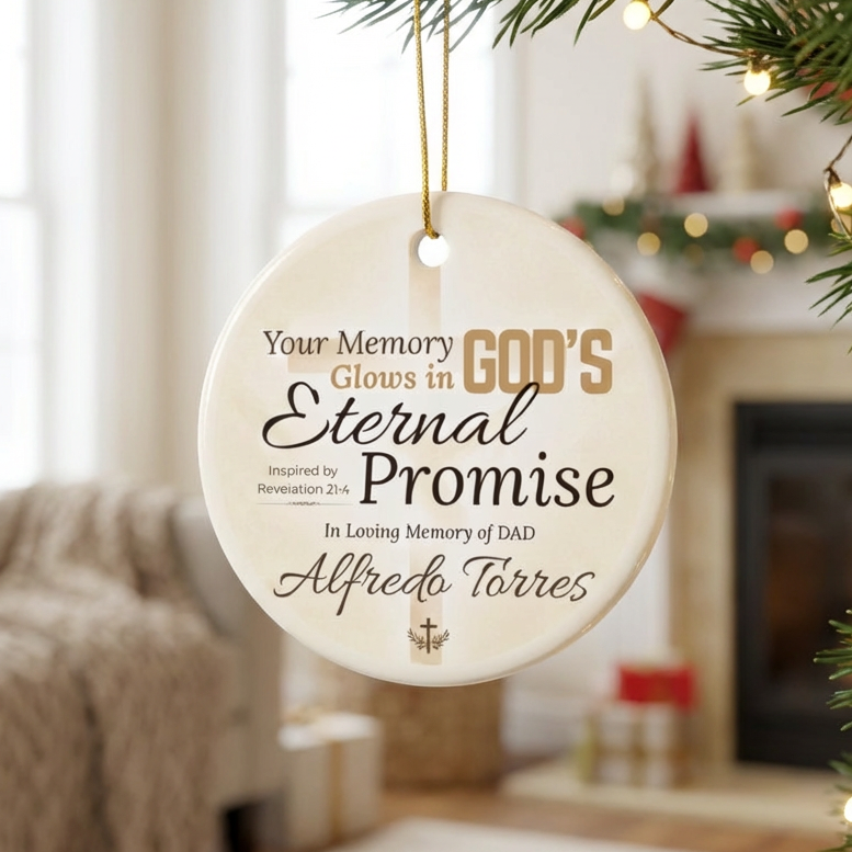 Personalized Christmas ornament with text hanging on a decorated tree.