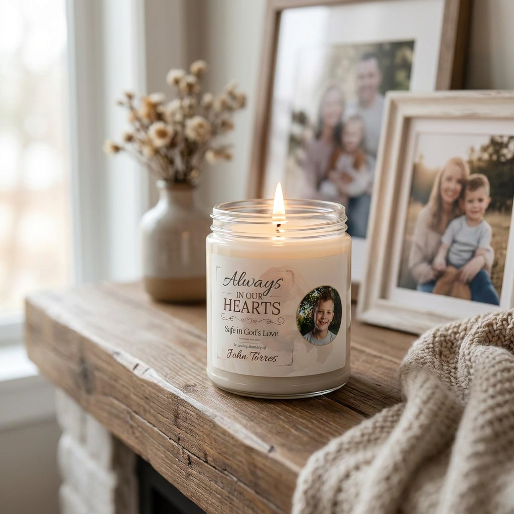 Always in Our Hearts Memorial Photo Candle | Personalized Christian Sympathy Gift for Loss of Child