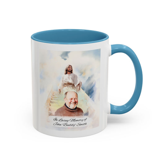 Custom Memorial Accent Coffee Mug with Photo and Text – Sacred Background Keepsake