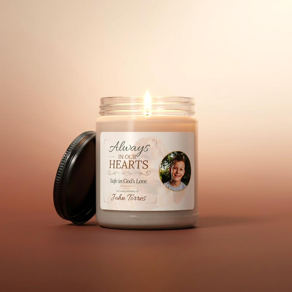 Always in Our Hearts Memorial Photo Candle | Personalized Christian Sympathy Gift for Loss of Child