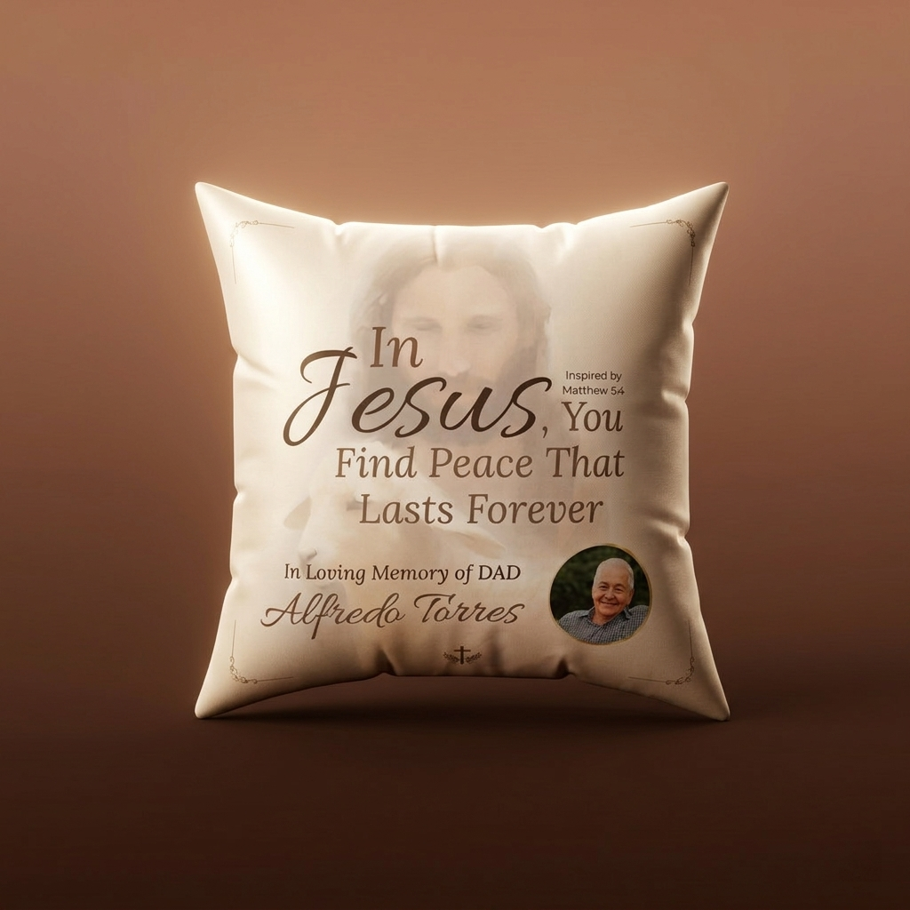 In Loving Memory Pillow – In Jesus You Find Peace Design | Personalized Christian Memorial & Sympathy Gift | Loss of Father