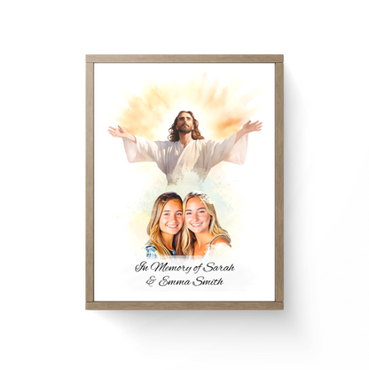 Custom Memorial Art Print with Photo and Text, Premium Watercolor Paper, Jesus Embracing from Heaven Keepsake