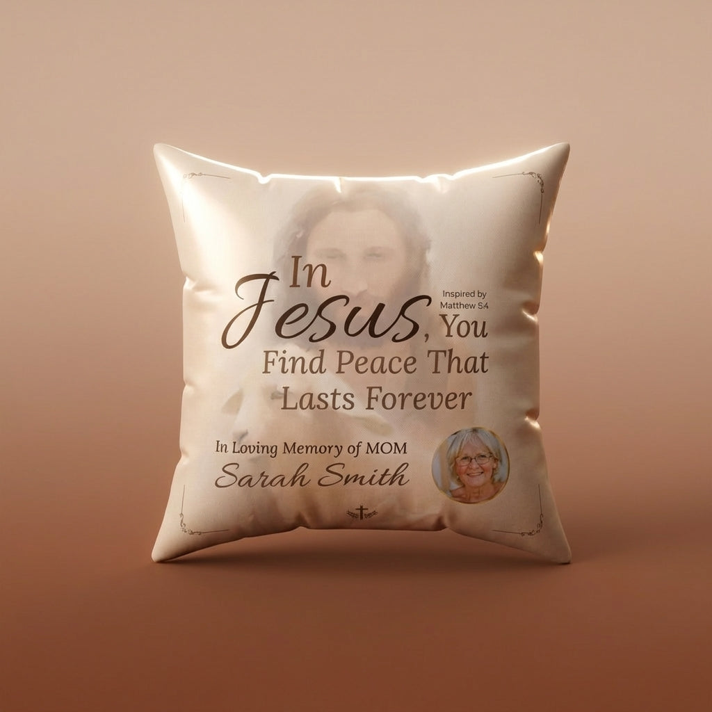 In Loving Memory Pillow – In Jesus You Find Peace Design | Personalized Christian Memorial & Sympathy Gift