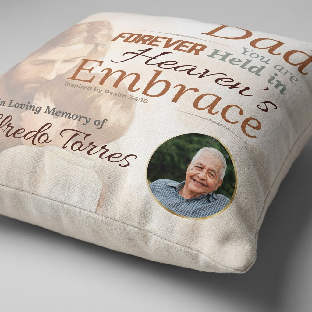In Loving Memory Pillow – Heaven’s Embrace Design | Personalized Christian Memorial & Sympathy Gift | Loss of Father