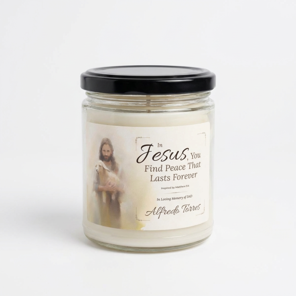 In Jesus You Find Peace Memorial Candle | Personalized Christian Sympathy Gift for Loss of Father
