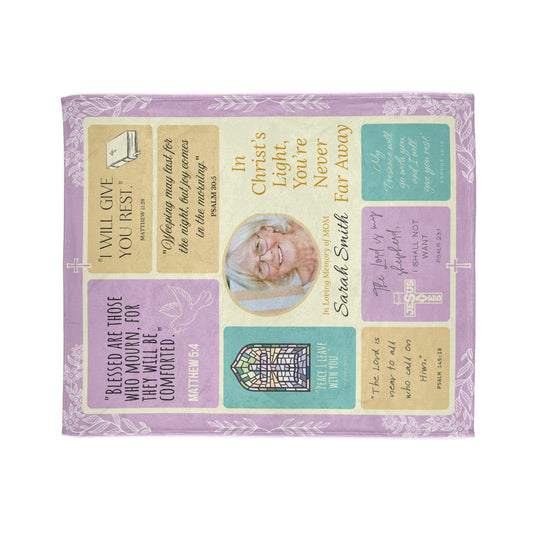 Christ’s Light Memorial Blanket – Lavender & Gold Scripture Design | Personalized Christian Sympathy Gift for Loss of Mother