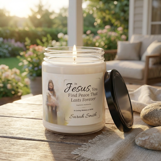 In Jesus You Find Peace Memorial Candle | Personalized Christian Sympathy Gift for Loss of Mother