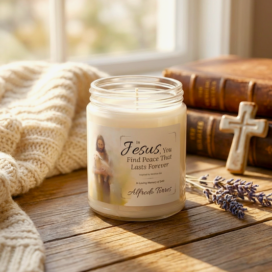 In Jesus You Find Peace Memorial Candle | Personalized Christian Sympathy Gift for Loss of Father
