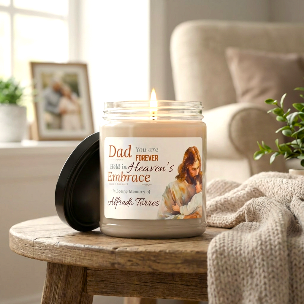 Heaven’s Embrace Memorial Candle | Personalized Christian Sympathy Gift for Loss of Father