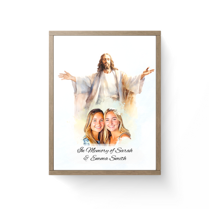 Custom Memorial Art Print with Photo and Text, Premium Watercolor Paper, Jesus Embracing from Heaven Keepsake
