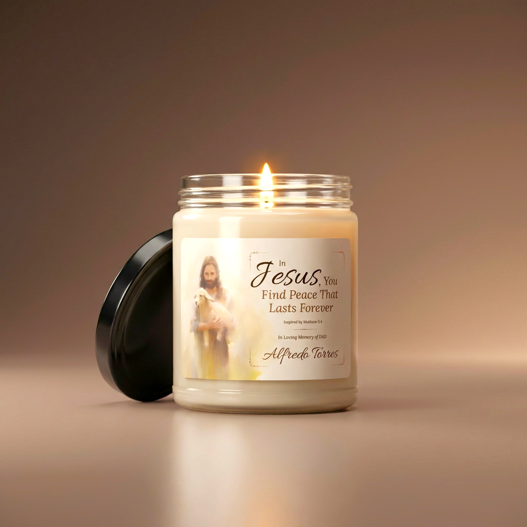 In Jesus You Find Peace Memorial Candle | Personalized Christian Sympathy Gift for Loss of Father
