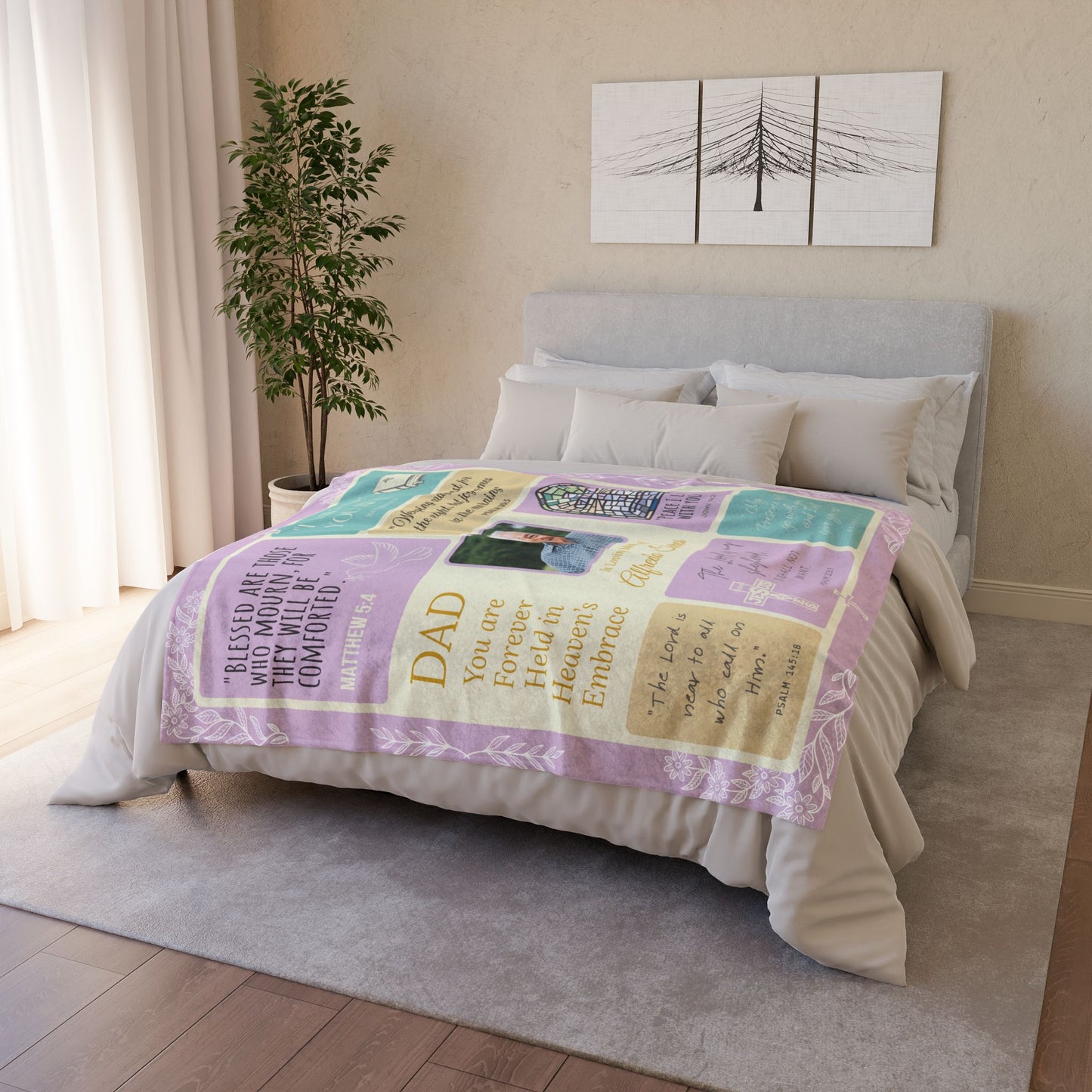 Christ’s Light Memorial Blanket – Lavender & Gold Scripture Design | Personalized Christian Sympathy Gift for Loss of Father