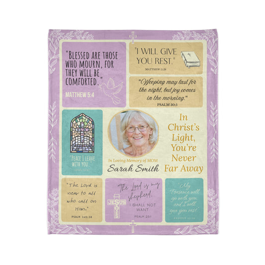 Christ’s Light Memorial Blanket – Lavender & Gold Scripture Design | Personalized Christian Sympathy Gift for Loss of Mother