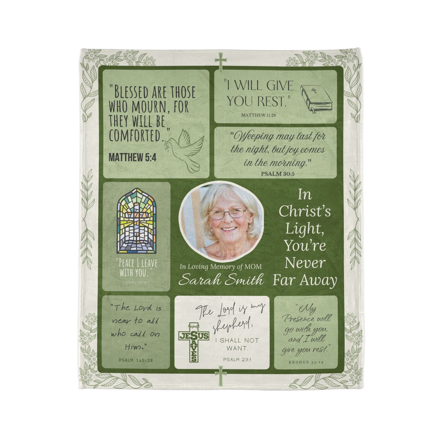 Christ’s Light Memorial Blanket – Green Scripture Design | Personalized Christian Bereavement Gift for Loss of Mother