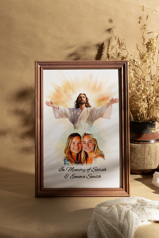 Custom Memorial Art Print with Photo and Text, Premium Watercolor Paper, Jesus Embracing from Heaven Keepsake