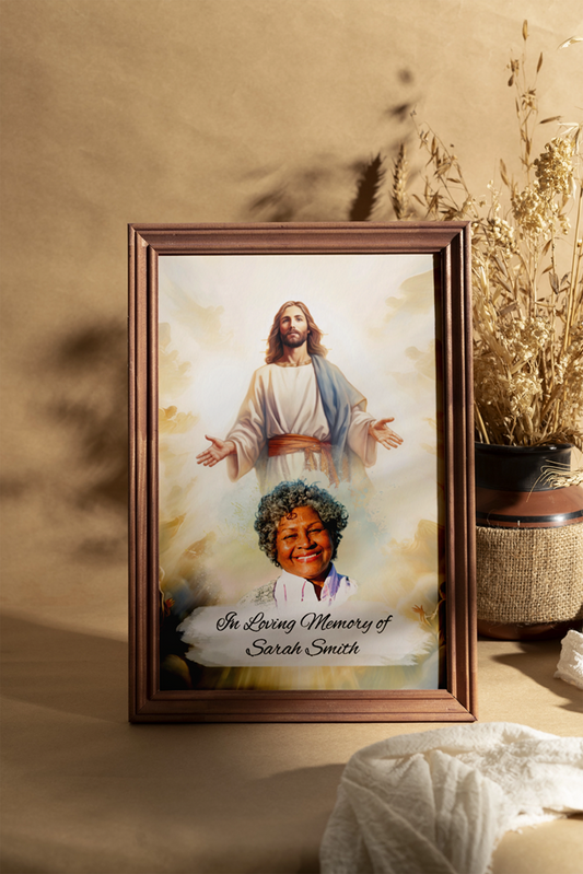 Custom Memorial Art Print with Photo and Text, Premium Watercolor Paper, Jesus in the Heavenly Clouds Keepsake