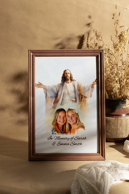 Custom Memorial Art Print with Photo and Text, Premium Watercolor Paper, Jesus Embracing from Heaven Keepsake