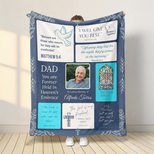 Personalized memory blanket with religious text and a photo of a man, displayed indoors.