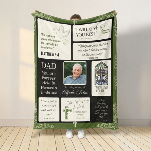 Memorial banner with text and a photo of a man, held by a person in a room.