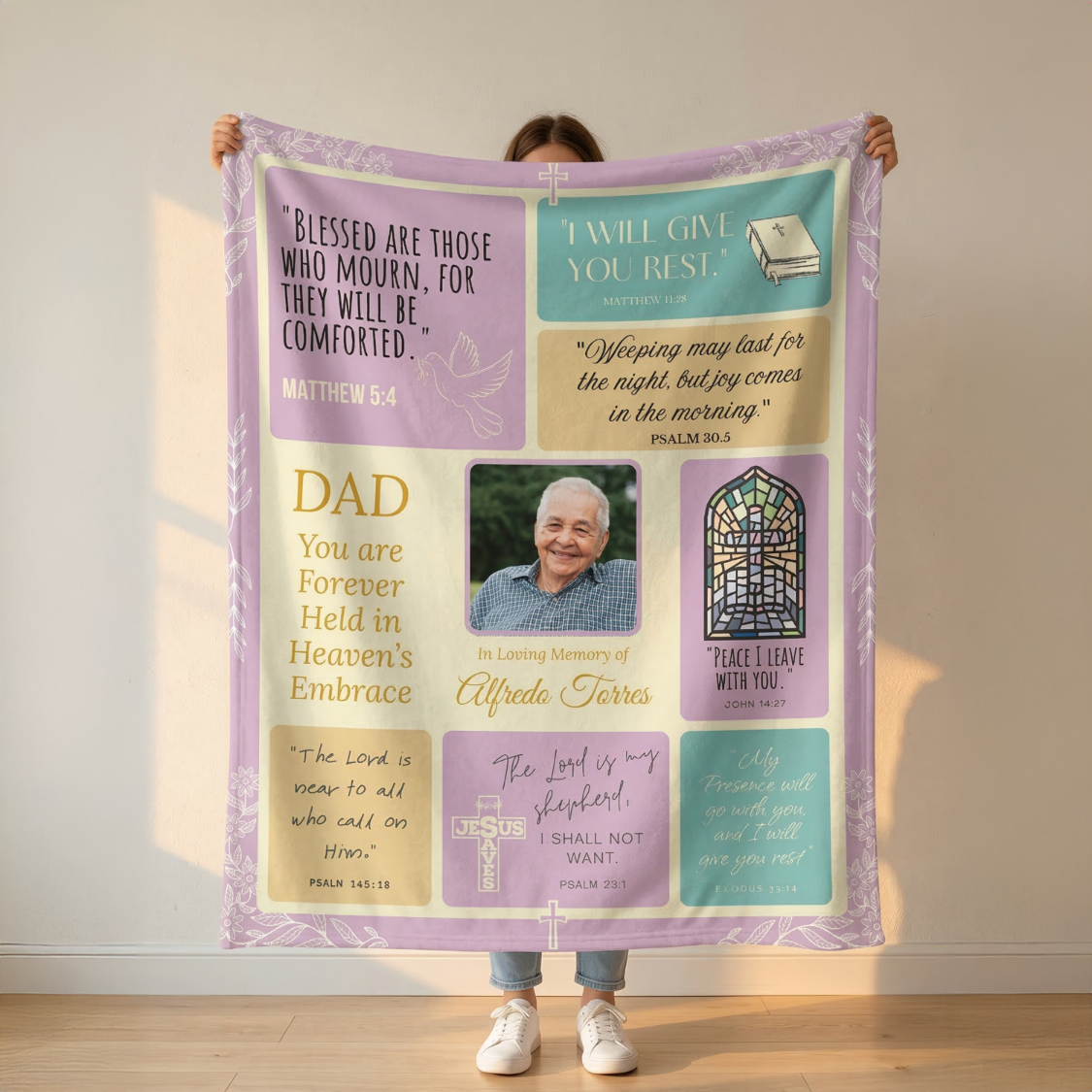 Person holding a personalized Memorial Blanket with text and a photo of a man.