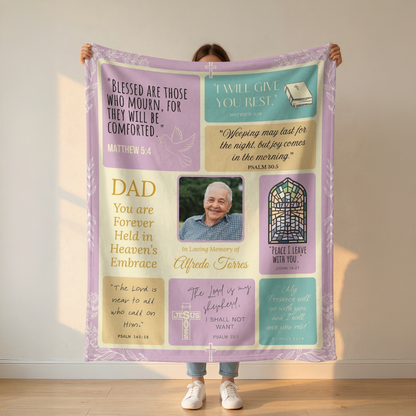 Person holding a personalized Memorial Blanket with text and a photo of a man.