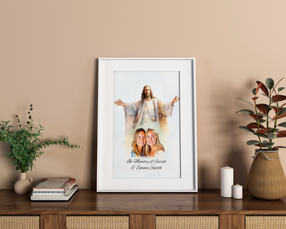 Custom Memorial Art Print with Photo and Text, Premium Watercolor Paper, Jesus Embracing from Heaven Keepsake