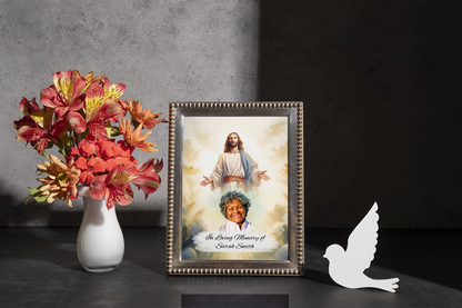 Custom Memorial Art Print with Photo and Text, Premium Watercolor Paper, Jesus in the Heavenly Clouds Keepsake
