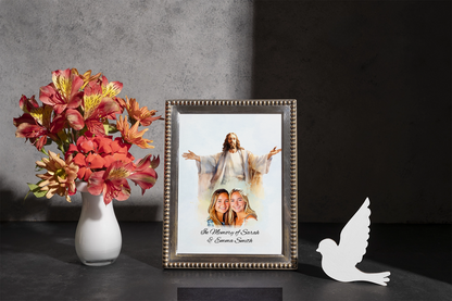 Custom Memorial Art Print with Photo and Text, Premium Watercolor Paper, Jesus Embracing from Heaven Keepsake